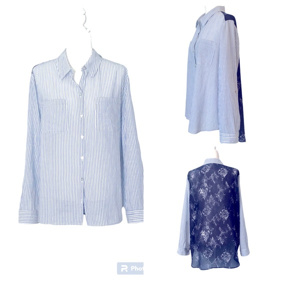 Chico’s Pinstripe Front Sheer Floral Back Shirt - Picture 3 of 16